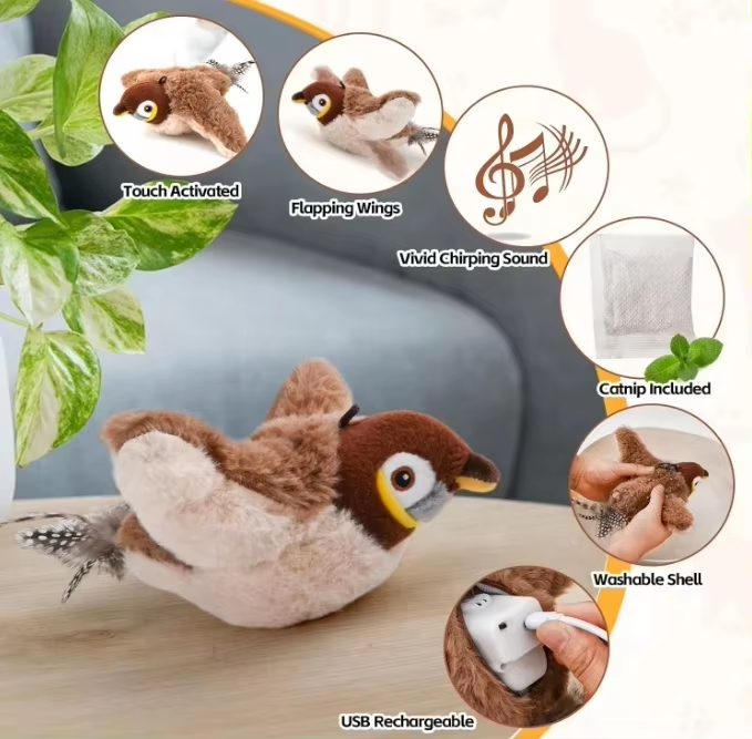 Electric Interactive Cat Bird Toy | Flapping Plush | Detachable
