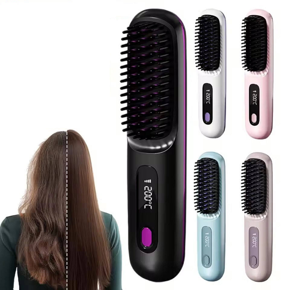 Portable LCD Hair Straightener Brush – USB Rechargeable
